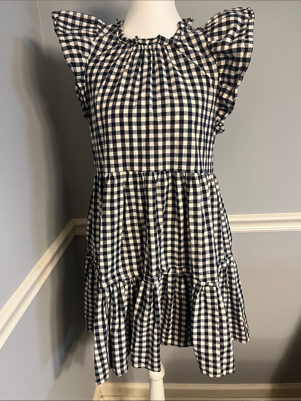 The Impeccable Pig Navy and White Gingham Ruffle Tiered Dress